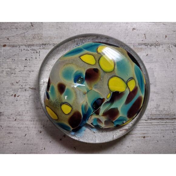 Bedrock Industries Recycled Glass Round Flat Paperweight Spots Yellow Brown Blue - Picture 2 of 9